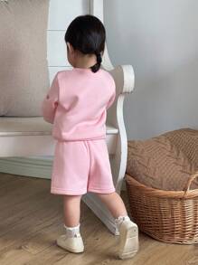 SHEIN Newborn Baby Girl 0-3Y Casual Cute Everyday Versatile Bow Embroidery Long Sleeve Fleece Sweatshirt + Shorts 2 Pieces Set Fall Winter - Pink - View 2