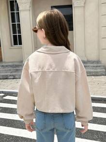 SHEIN Tween Girls Fashion Street Wear Solid Woven Corduroy Drop Shoulder Lapel Pocket Jacket, Suitable For Casual Outings, Back To School, Y2K, Tween Jacket, Cropped Jacket, Teen Girls Jacket, Corduroy Jacket, Cute Jacket Girls,In Fall/Winter