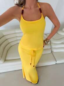 Roylia 2pcs/Set Vacation Style Beaded Spaghetti Strap Camisole & High Waist Bodycon Skirt For Women, Versatile - Yellow - View 6