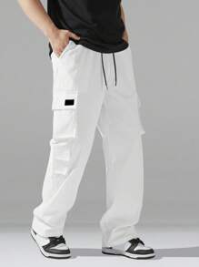 Manfinity Hypemode 男士抽绳腰多口袋阔腿休闲裤白色工装裤男士宽松直筒休闲裤，秋季 - 白色 - 查看 5