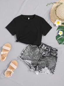 Young Girls' Summer Family Matching 2 Pieces Solid Short Sleeve Tee&Stonewashed Distressed Ripped Raw Hem Denim Jeans Cowgirl Outfit,Back To School - Black - View 6