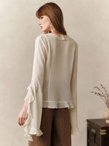 Chiquease 女士波西米亚风雪纺轻盈荷叶边不对称法式浪漫宽松长袖衬衫，白色上衣，夏季上衣，女士衬衫，女士夏季，飘逸上衣，职业女性，复古风格，女士夏季，可爱夏季上衣，女士外出上衣，女士办公室，飘逸上衣，秋季 - 杏色 - 查看 4