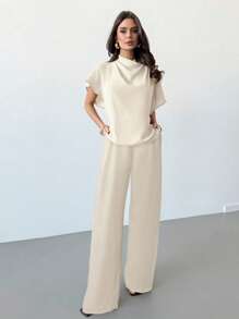 Firerie Bộ 2 món quần ống rộng dáng đứng thoải mái, thích hợp mặc thường ngày, đi làm và đi nghỉ, thanh lịch tối giản, cổ bèo nhún màu xanh lam, đa năng, mùa hè - Hồng - Xem 2