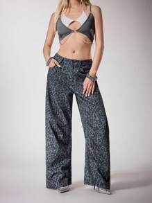 N_Standard Grey-Black Leopard Denim Effect Loose Wide Leg Casual Pants For Women Suitable For Summer Fall Winter Rave Festival Leopard Print Pants Women Wide Leg Pants Women Pants Animal Print Pants Summer Pants High Waisted Pants Printed Pants Y2K 2000s Back To School Club Women Sexy