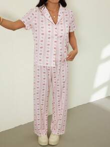 SHEIN PETITE 女式蝴蝶结印花纽扣拼布上衣和裤子两件套休闲装 - 粉色 - 查看 2