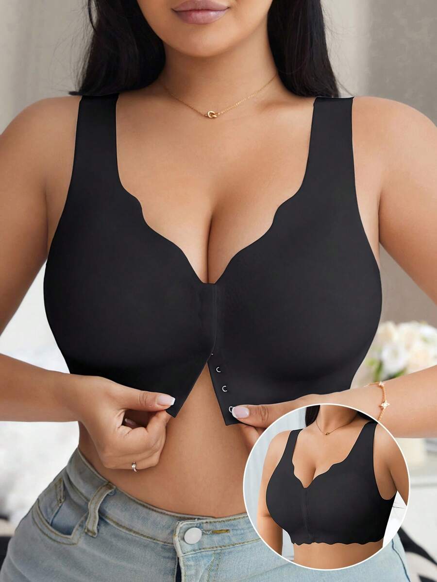 休闲舒适简约无缝波浪边宽肩带前扣女士加大码无钢圈文胸