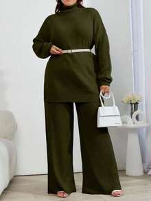 EURMUSE 2pcs High Neck Drop Shoulder Sweater And Ribbed Solid Color Sweater Pants - Army Green - View 6