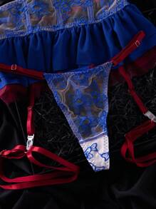 SHEIN 5pcs Women Sexy Lingerie Set: Embroidered Underwire Bra, Embroidered Corset With Garter Belt, Puff Skirt, Leg Rings, Thong - Multicolor - View 4