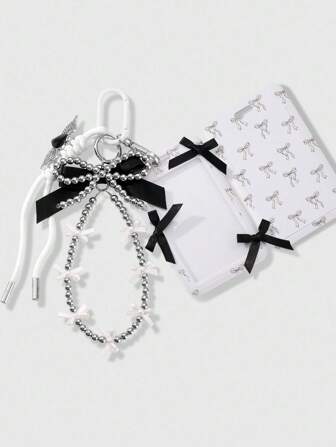 Kawaii 1 pièce Support de carte d'identité Y2K chic haut de gamme avec nœud imprimé résine à perles de cœur d'aile peinte à la main, DIY porte-clés et porte-clés, breloque de sac et décoration de téléphone, convient pour un port quotidien pour femmes/filles, cadeau de vacances