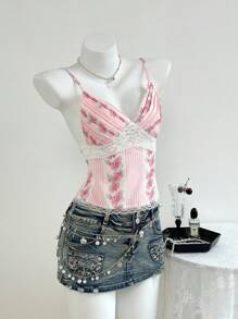 SHEIN Unity 女士夏季甜美蕾丝拼接条纹花卉印花吊带背心 - 粉色 - 查看 4