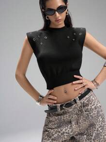 LYSMO Decorazione in metallo nero minimalista, spalle larghe, colletto alto piccolo, stile old money, abbigliamento da ufficio per donna, comodo e casual, versatile per pendolarismo e campus - nero - Visualizzare 9