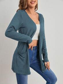 SHEIN LUNE Women's Solid Color Long Sleeve Cardigan Fall Winter Cloth For Women - Dusty Blue - View 4