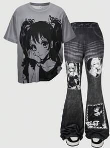 少女休闲卡通动漫女孩印花短袖上衣和裤子两件套 - 灰色 - 查看 3