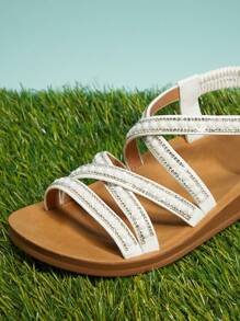 Mini mi 公主款女童白色优雅珍珠装饰绑带凉鞋，优雅舒适，适合日常或活动穿着 - 白色 - 查看 5