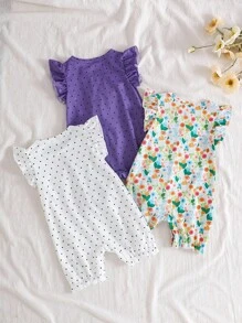 SHEIN Baby Girl 3 PiecesSummer Set: Playful Insect Printed Ruched Romper With Flutter Sleeves And Cuffs, Casual Everyday Outfit - Multicolor - View 2