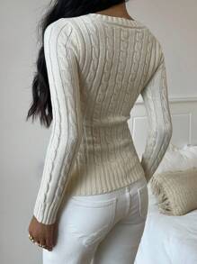 SHEIN EZwear Airport Fall Y2k 休闲卡通熊刺绣 V 领麻花针织修身毛衣 Y2k - 杏色 - 查看 2