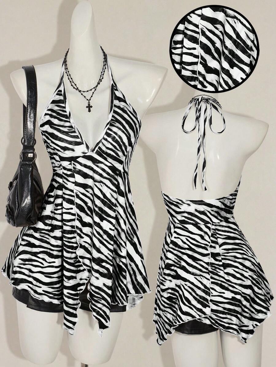 SHEIN ICON Women's Zebra Print Ruffled Hem Halter Neck Top Animal Print Swimwear, Y2k Tops - Black and White - View 1