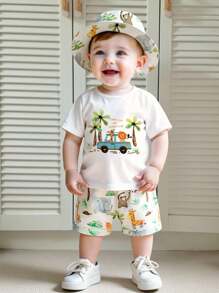 SHEIN Playful Pals Set 2 Potong Baju Hoodie Lengan Pendek dan Celana Pendek Bermotif untuk Bayi & Balita Laki-laki, Musim Semi/Panas - MultiWarna - View 9