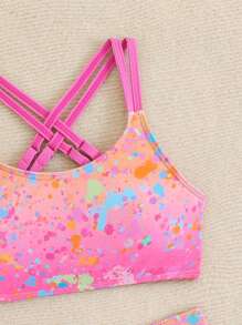 SHEIN 女童 2 件式泳衣，粉色夏季可愛海灘泳池度假花卉水彩印花不對稱比基尼套裝，Tween 青少年女孩泳衣 8-12 歲，Y2K - 粉色 - 查看 5