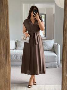 Vionelle 大码女式优雅休闲衬衫裙，立领，腰带，短袖，咖啡色，适合工作、度假、下午茶、音乐节 - 咖啡棕 - 查看 6