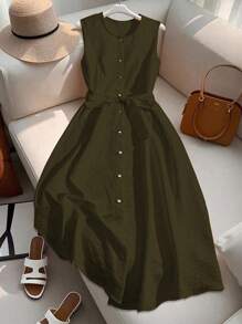 Franclia Simple Solid Color Front Button Sleeveless Tank Dress, Summer Summer Dress Clothes For University - Army Green - View 4