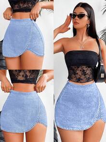 SHEIN Tall 女士休闲水洗裹身牛仔短裤 - 霧霾藍 - 查看 3