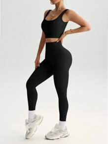 SHEIN Sports 2pcs Outfits Seamless High Stretch Yoga Set Tracksuit Gym Set Ribbed Tank Top Tummy Control Leggings Workout Women Set Gym Women Outfit - Black - View 5