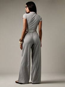 MISSGUIDED Ribbed Striped Button Through Wide Leg Palazzo Pants Set Summer Casual Beach Resort Wear Cropped Top Two Piece Holiday Outfit Cozy Loungewear - Multicolor - View 2