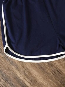 SHEIN 2件套少女撞色字母小图案休闲运动吊带背心和短裤套装 - 藏蓝色 - 查看 4