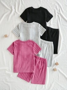 SHEIN 男童三件套字母贴花T恤和短裤 - 彩色 - 查看 2