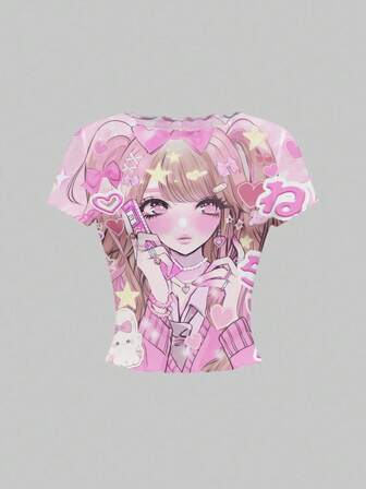 Kawaii Top transparente de manga corta con corazones rosas de estilo anime Y2K para mujeres