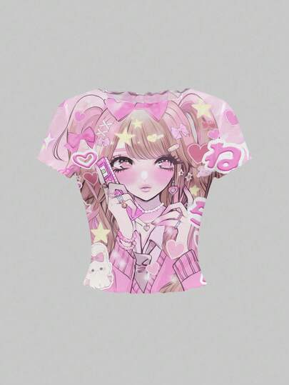 Kawaii Maglietta da donna corta a maniche corte, stile anime, colore rosa, in rete traslucida, dal look carino e stile Y2K
