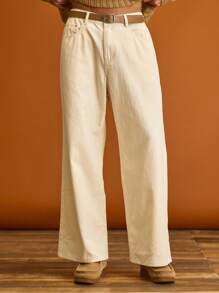 Musero Wide Leg Zip And Button Fastening Denim Jeans Pants Spring Summer Holiday Vacation - Apricot - View 4
