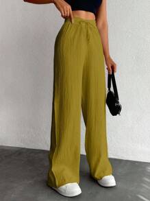 EURMUSE Pantalones largos con cordón de cintura de unicolor para mujeres de talla pequeña - Verde Oliva - Ver 5