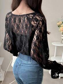 FRIFUL Camiseta holgada de encaje transparente con mangas acampanadas en color albaricoque, para primavera/verano - Negro - Ver 3