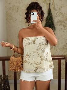 SHEIN VCAY 大码女式夏季亮片花朵刺绣抹胸上衣 - 杏色 - 查看 4