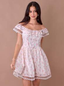 Enchnt Summer Romantic Women's Apricot Floral Hollow Embroidered&Print Lace Off-Shoulder Sleeveless Cute Princess Mini Dress - Multicolor - View 6