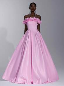 优雅奢华的露肩粉色 3D 花卉缎面舞会礼服，配有超大裙摆和拖尾，适合婚礼、生日派对、舞会、庆典、度假（大量装饰） - 粉色 - 查看 4