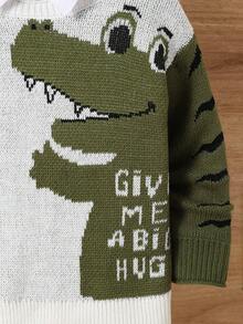 童装小男孩绿色卡通动物图案圆领保暖针织可爱毛衣派对生日穿男孩毛衣男孩针织衫秋冬秋季儿童针织衫 - 白色 - 查看 5