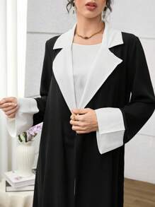 Yasmyna 法式和英式风格拼色长袖阿巴雅长袍，优雅长袍 - 黑色 - 查看 4