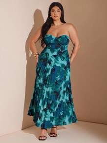 SHEIN BAE 大码女式褶皱印花长裙，春夏 - 綠色 - 查看 7