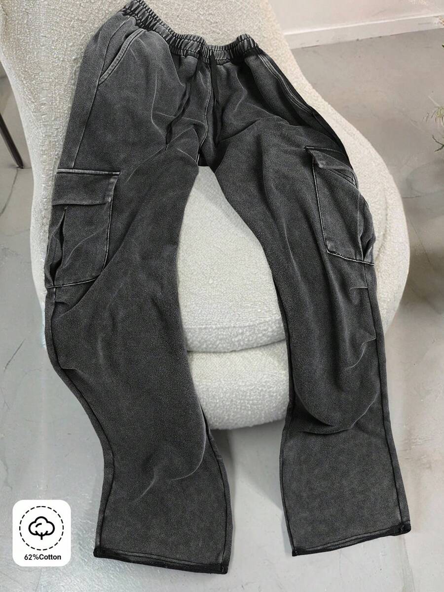 Manfinity EMRG 男式卷边水洗工装裤 - 黑色 - 查看 1