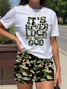 INAWLY Women Slogan & Camo Print Short Sleeve T-Shirt And Shorts Casual 2 Pieces Set - Multicolor - View 1