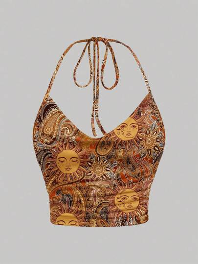 SHEIN MOD טופ מינימליסטי קז'ואל עם קשירה וצווארון, דוגמת פייזלי בצבע זהב, בוהמי, בוהו שיק, רב-תכליתי, רטרו, לבוש סתיו מתאים ליציאה טופ קולר לנשים קיץ טופ היפי טופ בנדנה טופ בהדפס פייזלי