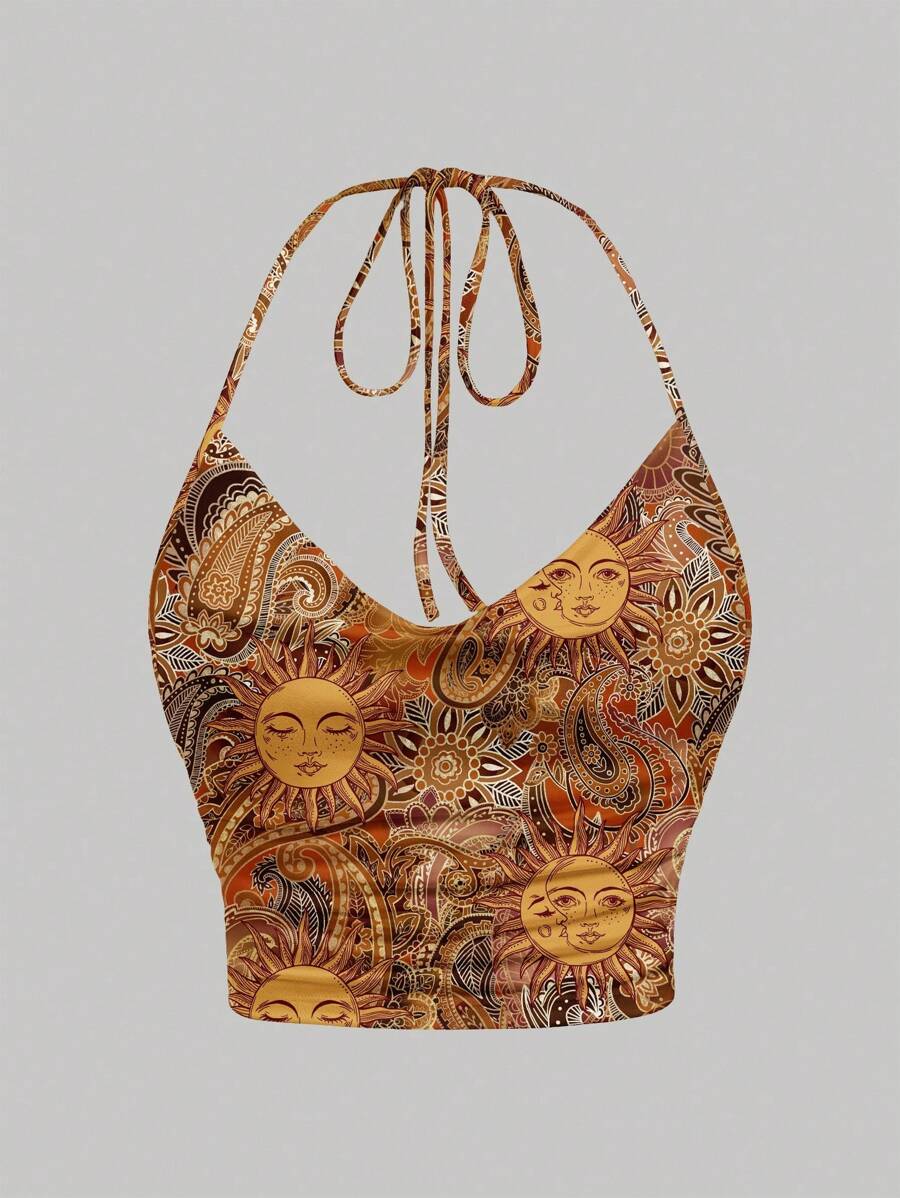 SHEIN MOD Casual Minimalist Tie Neck Loose Fit Top, Gold Sun Paisley Pattern, Bohemian, Boho Chic, Versatile, Retro, Fall Wear Suitable For Going Out Halter Top Women Summer Tops Hippie Top Bandana Top Paisley Print Top - Multicolor - View 1