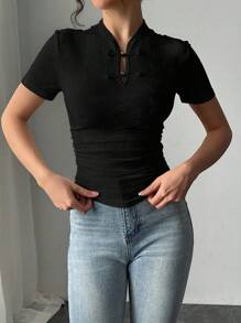 Gloray Damen Kurzarm Jacquard Stickerei Knopf-up Raffung Taille T-Shirt