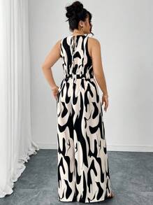 Ellevyn Bộ đồ liền thân ống rộng in họa tiết bó sát, thoải mái, thường ngày cỡ lớn mùa hè dành cho nữ - Đen và trắng - Xem 3