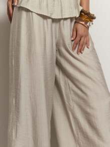 MUSERA 松紧腰阔腿裤 可爱夏季度假休闲优雅亚麻风长裤 机场沙滩集体办公着装 女士职业装 情人节春季 - 卡其色 - 查看 5