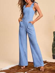 Selenza Ruffle Trim Wide Leg Denim Jumpsuit - Light Wash - View 3