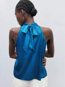 Maija Tie Back Satin Halter Neck Blouse Workwear,Sleeveless Tops,Autumn Outfits For Women - Teal Blue - View 3